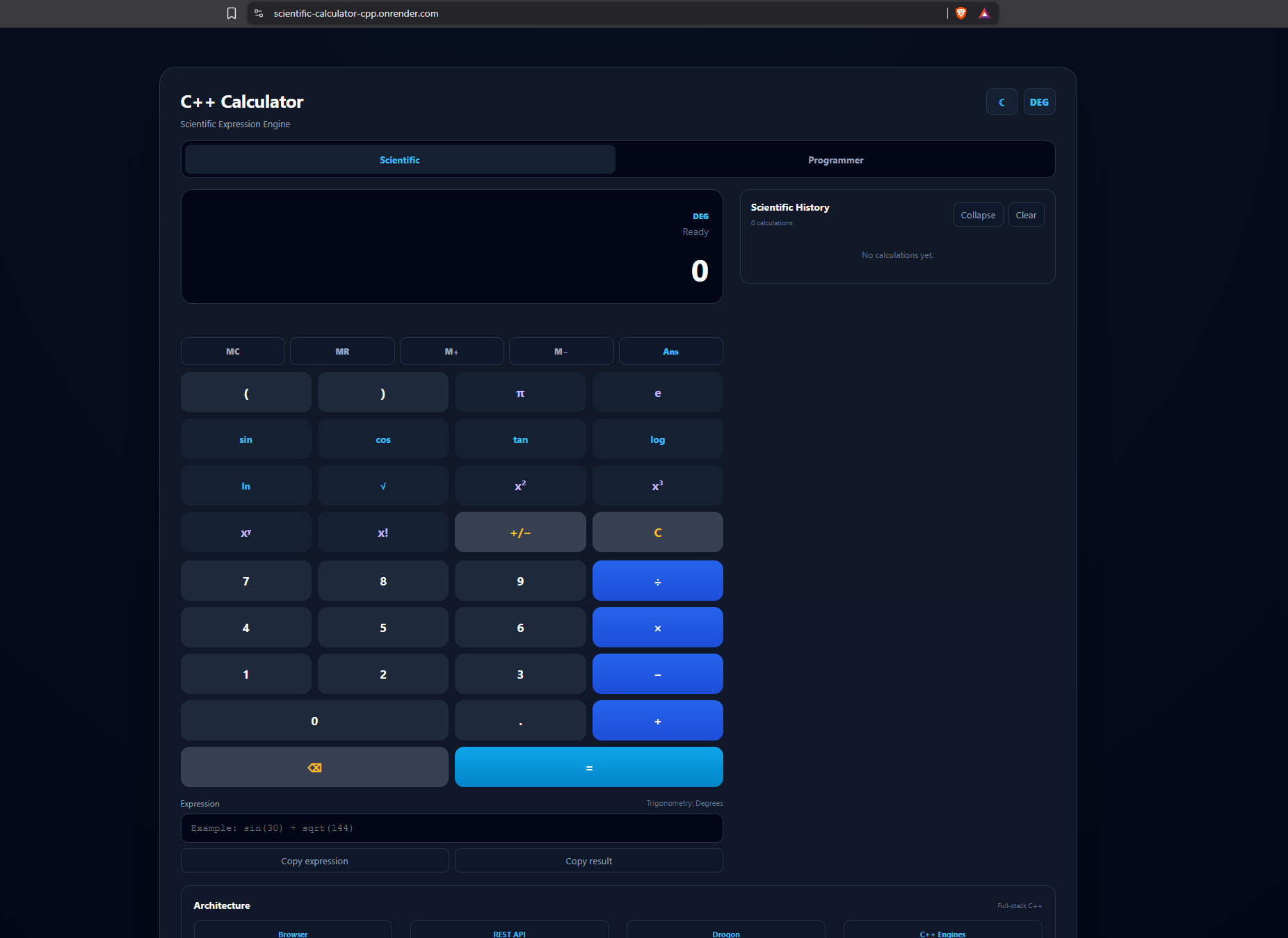 C++ Scientific and Programmer Calculator dashboard